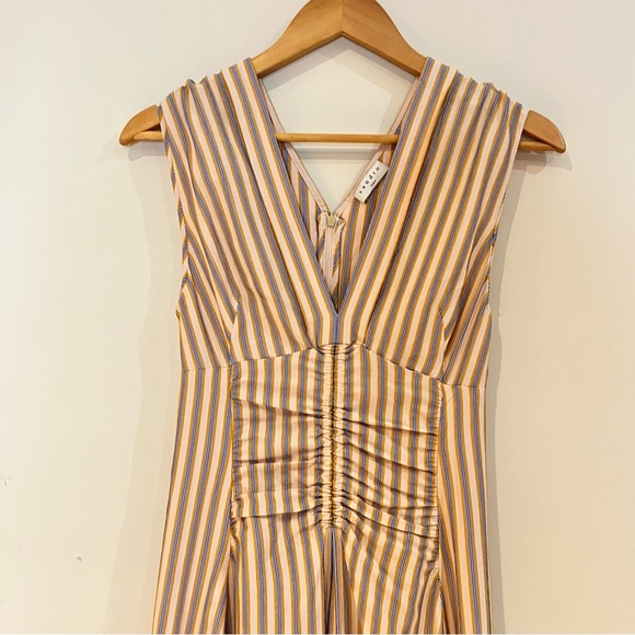 Sandro Paris dress yellow, beige and blue vertical line and sleeveless strap. - Picture 3 of 8